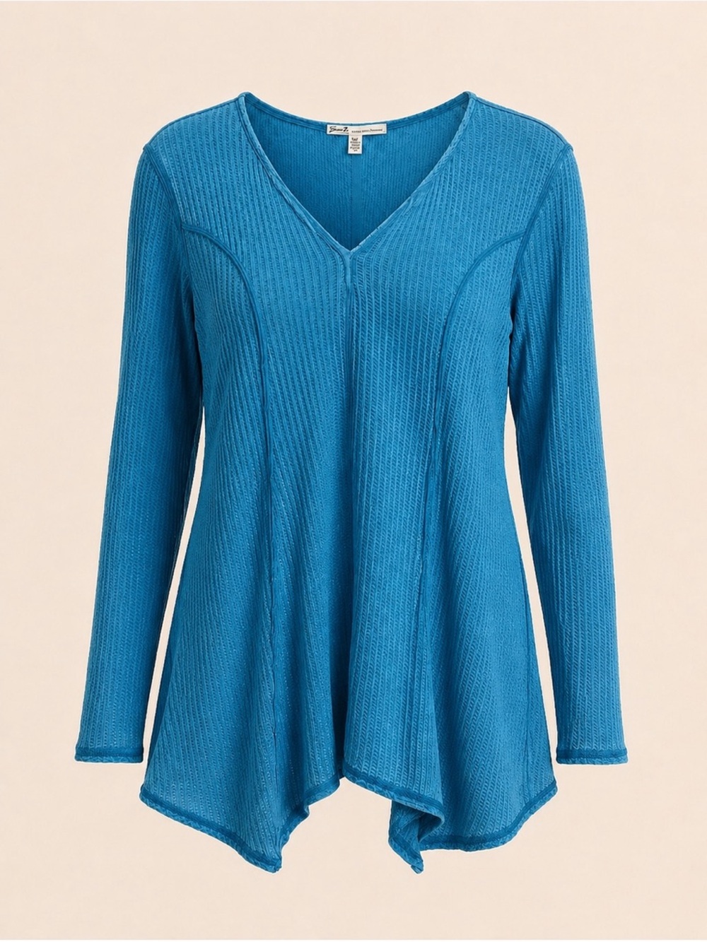 Seven7 Turquoise Waffle Knit V-Neck Sharkbite Hem Top Small